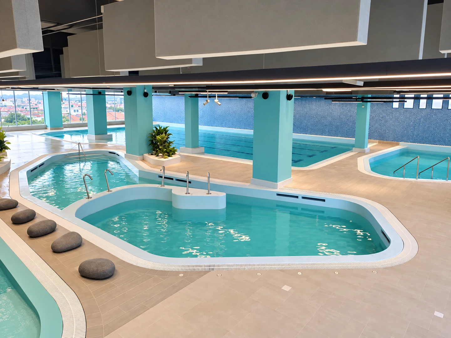 Vista interior de piscinas con columnas turquesa y zonas de circulación en el complejo acuático Centro Mayor. Versión retocada con IA.